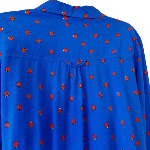 Velvet Heart Ladybug Print Button Front Top Long Sleeve V Neck Covered Buttons L - Picture 6 of 9